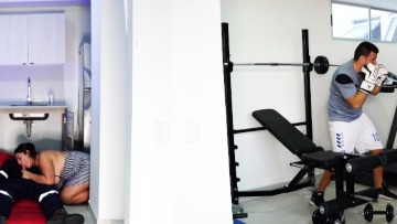 Wife Fucks a Stranger in the Kitchen while her Husband is Training in the next Room